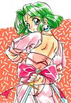  arm_behind_back artist_request back back_bow bow dagger earrings ellis_(toushinden) green_eyes green_hair holding holding_dagger holding_weapon jewelry leotard nape orange_background pink_bow pink_leotard pink_sleeves ribbon scan see-through see-through_sleeves short_hair smile solo toushinden weapon wrist_cuffs 