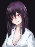  1girl ageha_(ray-k) black_background breasts butterfly_affection cleavage commentary dress_shirt hair_between_eyes highres long_hair looking_at_viewer medium_breasts multiple_pupils purple_hair red_eyes shirt simple_background slit_pupils smile solo tui_isumi upper_body white_shirt 