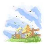  bag blonde_hair cutie_mark derpy_hooves_(mlp) duo equine female fence feral friendship_is_magic grass hair hat horse laugh letter long_hair mail mammal my_little_pony onkelscrut pegasus pony summer wind wings 