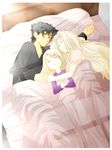  bed bed_sheet black_hair closed_eyes emiya_kiritsugu facial_hair family fate/zero fate_(series) father_and_daughter holding_hands husband_and_wife illyasviel_von_einzbern irisviel_von_einzbern long_sleeves lying md5_mismatch mother_and_daughter multiple_girls on_bed shared_blanket silver_hair sleeping smile stubble under_covers urako 