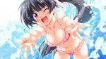  ;d bikini black_hair breasts cleavage flarerouge_liliansol front-tie_top game_cg hands long_hair medium_breasts navel one_eye_closed open_mouth outstretched_hand ponytail purple_eyes side-tie_bikini smile solo splashing swimsuit taiyou_no_promia takeya_masami water 