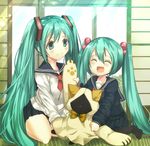  &gt;_&lt; :&lt; animal_ears aqua_eyes aqua_hair bad_id bad_pixiv_id blazblue cat_ears chibi_miku closed_eyes hatsune_miku hood hoodie kaka_kittens long_hair multiple_girls open_mouth reko_(torinegi) school_uniform serafuku sitting skirt smile twintails very_long_hair vocaloid window 