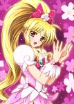  blonde_hair cosplay cure_blossom cure_blossom_(cosplay) diesel-turbo fate_testarossa floral_background heartcatch_precure! high_ponytail long_hair lyrical_nanoha mahou_shoujo_lyrical_nanoha mizuki_nana pink pink_background ponytail precure red_eyes seiyuu_connection skirt wrist_cuffs 