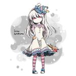  arms_behind_back baseball_bat bow copyright_name dress hairband hat hat_bow irisu_kyouko irisu_shoukougun! long_hair pantyhose pink_eyes rakuni solo standing striped striped_legwear white_hair witch_hat 