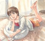  arm_support barefoot book brown_hair chin_rest curtains earrings feet grey_eyes hood hoodie izumi_noa jewelry kidou_keisatsu_patlabor legs_up looking_at_viewer lying on_floor on_stomach open_book open_mouth pillow short_hair shorts soles solo the_pose toes traditional_media ususionorisio watercolor_(medium) 
