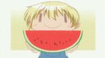  animated animated_gif blonde_hair eating food fruit hidamari_sketch lowres miyako screencap solo watermelon wide_face ||_|| 