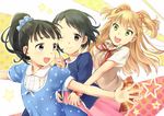  3; 3girls :d bad_id bad_pixiv_id black_hair blonde_hair dress fukuyama_mai green_eyes hair_ornament hair_scrunchie hug hug_from_behind idolmaster idolmaster_cinderella_girls jougasaki_rika long_hair maruishi multiple_girls one_eye_closed open_mouth outstretched_arms outstretched_hand plaid plaid_skirt polka_dot polka_dot_scrunchie ponytail sasaki_chie school_uniform scrunchie short_hair skirt smile spread_arms sweater_vest two_side_up 