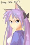  animal_ears bow breasts cat_ears cat_tail from_side hair_bow hiiragi_kagami hood hoodie kemonomimi_mode large_breasts lucky_star magister_(medical_whiskey) purple_eyes purple_hair simple_background tail twintails 