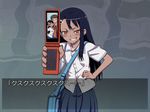  774_(nanashi) :p bag blue_hair blush brown_eyes cellphone cellphone_picture facial_hair goatee grin hair_ornament hairclip hand_on_hip ijiranaide_nagatoro-san long_hair looking_at_viewer nagatoro phone school_uniform shirt skirt smile smirk solo tongue tongue_out translated v v_over_eye 