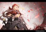  1girl :d black_gloves black_shirt black_skirt capelet commentary_request crop_top eyes_closed facing_viewer fangs feathers gloves half-nightmare highres holding hoshizaki_reita letterboxed light_brown_hair little_red_riding_hood_(sinoalice) long_hair open_mouth red_capelet red_feathers shirt signature sinoalice skirt smile solo torn_capelet twitter_username very_long_hair 