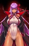  &gt;:) 1girl ass_visible_through_thighs bare_shoulders bb_(fate)_(all) bb_(swimsuit_mooncancer)_(fate) black_coat breasts closed_mouth coat commentary_request covered_navel cowboy_shot dark_skin fate/grand_order fate_(series) gloves gradient gradient_background groin hair_ribbon hands_on_hips highleg highleg_leotard highres impossible_clothes impossible_leotard large_breasts leotard long_hair long_sleeves looking_at_viewer neck_ribbon open_clothes open_coat purple_eyes purple_hair red_background red_neckwear red_ribbon ribbon shiny shiny_hair single_sidelock skin_tight smile solo straight_hair takanashi-a tentacle very_long_hair white_gloves white_leotard 