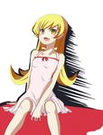  a.ringo blonde_hair dress fangs highres long_hair monogatari_(series) nisemonogatari oshino_shinobu solo sundress yellow_eyes 