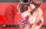  action_pizazz between_breasts bikini breasts brown_hair cleavage hanging_breasts highres huge_breasts long_hair ribbon saigadou solo swimsuit wallpaper zoom_layer 