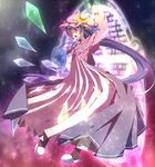  blush bow crescent crystal dress hat hat_bow highres long_hair magic_circle open_mouth patchouli_knowledge philosopher's_stone purple_eyes purple_hair ribbon solo touhou usamata 
