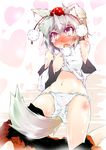  animal_ears bare_shoulders between_legs blush detached_sleeves embarrassed fang hat highres inubashiri_momiji narumiya navel open_mouth panties red_eyes short_hair silver_hair skirt skirt_pull solo sweat tail tail_between_legs tears tokin_hat touhou underwear white_panties wolf_ears wolf_tail 