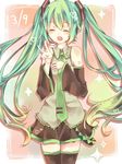  39 bad_id bad_pixiv_id closed_eyes dated detached_sleeves green_hair hatoichi_reno hatsune_miku headset highres long_hair mikupa necktie open_mouth skirt solo thighhighs twintails v very_long_hair vocaloid 