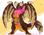  abs anthro balls biceps big_horns black_scales bulge claws clothing dragon flexing hand_behind_head hand_on_hip lilchu loincloth looking_at_viewer male markings monster_hunter_world mostly_nude muscular muscular_male nergigante orange_scales pecs pose purple_scales scales simple_background smile solo standing wings 