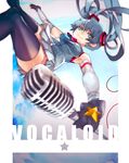  aqua_eyes aqua_hair elbow_gloves falling gloves hatsune_miku highres laio long_hair looking_at_viewer microphone microphone_stand skirt smile solo thighhighs twintails very_long_hair vintage_microphone vocaloid zettai_ryouiki 