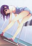  :o absurdres akesaka_iku ass bare_legs bent_over breasts cleats downblouse full_body gym_shorts hanging_breasts highres hurdle legs nipples no_bra open_mouth original pigeon-toed purple_eyes purple_hair scan shoes short_hair shorts small_breasts solo sportswear stretch 