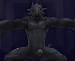  anthro bedroom_eyes biceps black_penis black_scales bottom_view domination dragon empty_eyes erection grin half-closed_eyes hi_res horn imminent_rape jewelry looking_at_viewer male muscular muscular_male necklace open_mouth pecs penis pinned scales seductive smile solo spines vu06 white_eyes 