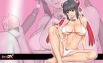  action_pizazz bangs bikini black_hair breasts cleavage double_bun highres large_breasts saigadou sitting solo swimsuit wallpaper zoom_layer 