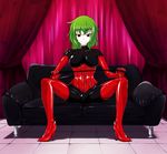  bdsm bodysuit corset dominatrix elbow_gloves female femdom gloves green_hair high_heels highres kazami_yuuka latex latex_gloves latex_suit latex_thighhighs red_eyes shiny shiny_clothes shoes sitting skin_tight spread_legs tamakko thighhighs touhou whip youkai 