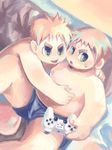  2boys artist_request blonde_hair green_eyes moobs multiple_boys nipples pinch pinching play_station sony sweat topless unknown_artist 