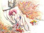  apple banana bare_shoulders bed convenient_leg food fruit grapes highres inu_x_boku_ss lemon lime_(fruit) looking_at_viewer lying no_shoes on_back on_bed pink_eyes pink_hair roromiya_karuta skirt solo strawberry thighhighs traditional_media twintails white_legwear white_skirt window yukabara 