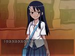  774_(nanashi) bag blue_hair blush brown_eyes grin hair_ornament hairclip ijiranaide_nagatoro-san long_hair looking_at_viewer nagatoro school_uniform shirt skirt smile smirk solo translated troll_face 