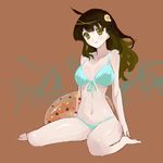  absurdres ahoge araragi_tsukihi bikini black_hair fried_egg front-tie_top hair_ornament highres innertube light_smile monogatari_(series) navel nisemonogatari o_(pixiv2837528) shiny shiny_skin sitting solo swimsuit wariza yellow_eyes 