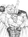  armor beard cape facial_hair fate/zero fate_(series) graphite_(medium) greyscale hikaritanuki lifting_person male_focus monochrome multiple_boys rider_(fate/zero) size_difference traditional_media trembling waver_velvet white_background 