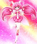 :d antenna_hair bike_shorts boots bow bowtie choker cure_happy eyelashes full_body head_wings highres hoshizora_miyuki isumi_(i-spixi) knee_boots long_hair magical_girl open_mouth pink pink_background pink_bow pink_choker pink_eyes pink_hair pink_neckwear pink_shorts pink_skirt precure shorts shorts_under_skirt skirt smile smile_precure! solo sparkle tiara twintails wrist_cuffs 