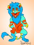  blue_fur blue_hair cartoon colorful coney_island denos fangs feline folgers fur hair lion male mammal mane open_mouth orange_fur pawpads solo striped stripes toony whiskers 