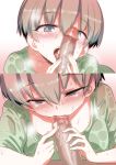  1boy 1girl blue_eyes blush breasts censored commentary_request cum ear_blush eyebrows_visible_through_hair eyes_visible_through_hair fellatio green_shirt hair_between_eyes hetero hitotose_rin large_breasts licking looking_at_viewer mosaic_censoring open_mouth oral penis shirt short_hair sweat tongue tongue_out uzaki-chan_wa_asobitai! uzaki_hana wet wet_clothes wet_shirt 