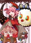  asymmetrical_legwear candy candy_cane cape charlotte_(madoka_magica) crown dual_persona food heart lollipop magical_girl mahou_shoujo_madoka_magica musical_note personification pink_eyes pink_hair pyotr_(madoka_magica) striped striped_legwear sweets tanemaki_shirura thighhighs 