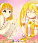 ^_^ bad_id bad_pixiv_id big_hair blonde_hair bow brown_choker choker closed_eyes cure_peace double_v dual_persona earrings eyelashes flat_chest flower grin hair_flaps hair_ornament hairband hairclip jewelry kise_yayoi long_hair magical_girl magister_(medical_whiskey) precure rose school_uniform sketchpad skirt smile smile_precure! tears v white_hairband wide_ponytail yellow_bow yellow_eyes yellow_skirt 