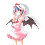  bat_wings blue_hair hat hat_tug kome_(d104_koumei) red_eyes remilia_scarlet short_hair skirt solo touhou wings 