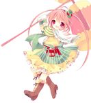  ahoge arms_up bad_id bad_pixiv_id blush boots cape dress gloves hammer hat huge_weapon kosuzume long_hair mini_hat mini_top_hat open_mouth original pink_hair red_eyes ribbon sash smile solo top_hat twintails weapon white_gloves yellow_dress 