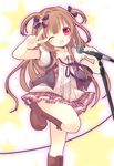  ;d bad_id bad_pixiv_id boots brown_hair hair_ribbon idol kosuzume long_hair microphone microphone_stand one_eye_closed open_mouth original ribbon shirt skirt smile solo standing standing_on_one_leg two_side_up v 