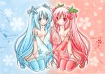  bad_id bad_pixiv_id blue_eyes blue_hair boots breasts character_name cherry colored_pencil_(medium) dannashitoyome detached_sleeves dual_persona earmuffs food fruit hatsune_miku holding_hands kneeling long_hair marker_(medium) multiple_girls nipples nude pastel_(medium) petals pink_footwear polar_opposites pussy red_eyes red_hair sakura_miku small_breasts snowflakes symmetry thigh_boots thighhighs traditional_media very_long_hair vocaloid yuki_miku 