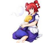  alice_margatroid bad_id bad_pixiv_id beegle blonde_hair breast_pillow breast_smother breasts grin hair_bobbles hair_ornament hitodama hug large_breasts multiple_girls on_lap one_eye_closed onozuka_komachi red_eyes red_hair sleeping smile touhou two_side_up 