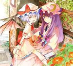  ascot bat_wings bench blue_hair book bow crescent eyewear_removed flower glasses hair_bow hat long_hair multiple_girls nature ogawa_maiko open_mouth outdoors patchouli_knowledge purple_eyes purple_hair red_eyes remilia_scarlet short_hair sidelocks sitting sitting_on_lap sitting_on_person spread_legs touhou wings wrist_cuffs 