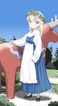  blue_eyes blush dalecarlian_horse eila_ilmatar_juutilainen european_clothes finland head_wreath long_hair looking_at_viewer moose pantyhose patriotism shimada_fumikane solo strike_witches sweden traditional_clothes white_hair white_legwear world_witches_series younger 