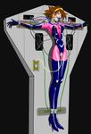  1girl bdsm black_background bondage bound breasts brown_hair cable cables catheter choker collar costume crucifixion cutie_honey cutie_honey_(character) elbow_gloves g_gundam gag gundam hairband kisaragi_honey large_breasts legs long_legs looking_at_viewer machine mobile_trace_suit rain_mikamura restrained sex_machine short_hair simple_background solo thighs 