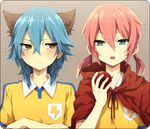  androgynous animal_ears apple aqua_eyes bad_id bad_pixiv_id blue_hair border brown_background brown_eyes cape cat_ears chiruku crossed_arms food fruit holding holding_food holding_fruit inazuma_eleven_(series) inazuma_eleven_go kariya_masaki kirino_ranmaru male_focus multiple_boys otoko_no_ko pink_hair soccer_uniform sportswear twintails uniform 