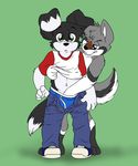  blue_eyes briefs canine clothed clothing crotch_grab cub dog duo gay green_eyes grope hand_in_pants hand_in_underwear male mammal midriff molestation penis_grab plain_background roni smile standing surprise underwear wolf wolfblade young 
