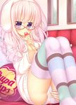  absurdres animal_ears blush bunny_ears candy chupa_chups covering covering_crotch food frown glasses highres lollipop long_hair looking_at_viewer panties pink_hair pink_panties purple_eyes red-framed_eyewear solo striped striped_legwear tantei_opera_milky_holmes thighhighs thighs tooyama_saku underwear wataru_(zazazazazazawa) 