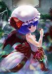  bare_shoulders bat_wings blood blue_hair bow breasts cleavage cocktail_glass cup dated dress drinking_glass flower hair_over_one_eye hat highres lavender_hair nipples red_eyes remilia_scarlet rose see-through short_hair signature slit_pupils small_breasts solo stained_glass strapless strapless_dress touhou wading water wings zimajiang 