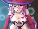  1girl bare_shoulders bikini blue_eyes breasts cleavage collarbone elbow_gloves gloves hat heterochromia large_breasts long_hair looking_at_viewer lowres luminous_arc midriff open_mouth pink_hair red_eyes smile solo star swimsuit tattoo thighhighs vanessa_(luminous_arc) witch_hat 