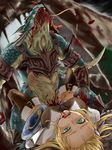  blonde_hair blood breasts dingil green_eyes guro lizardman pixiv_thumbnail pyrrha_alexandra resized shield soul_calibur soul_calibur_v soulcalibur_v 